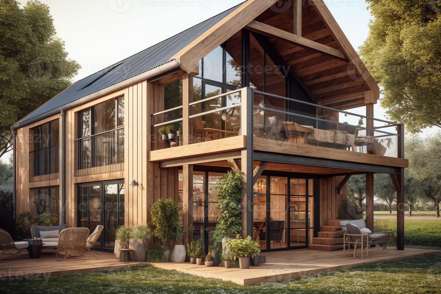 ein modern Scheune Haus mit ein Zwischenstock groß Fenster und ein schön Terrasse mit ein Garten 3d machen. ai generiert foto