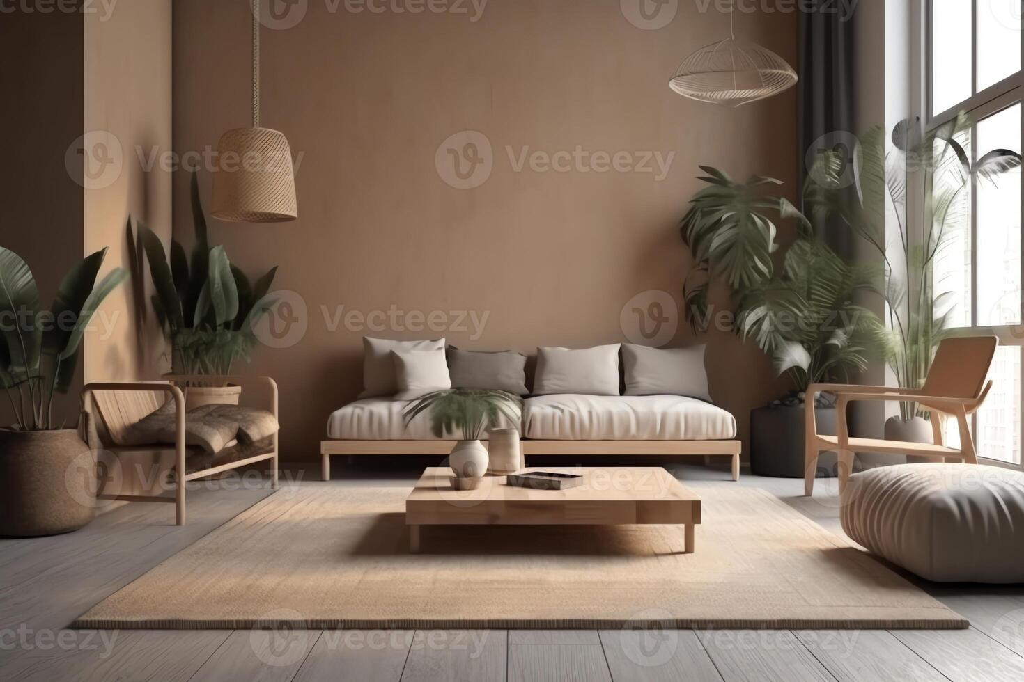 modern Leben Zimmer Innere mit Beige Mauer grau und hölzern Möbel und tropisch Pflanzen mit Palme Blätter 3d Wiedergabe. ai generiert foto