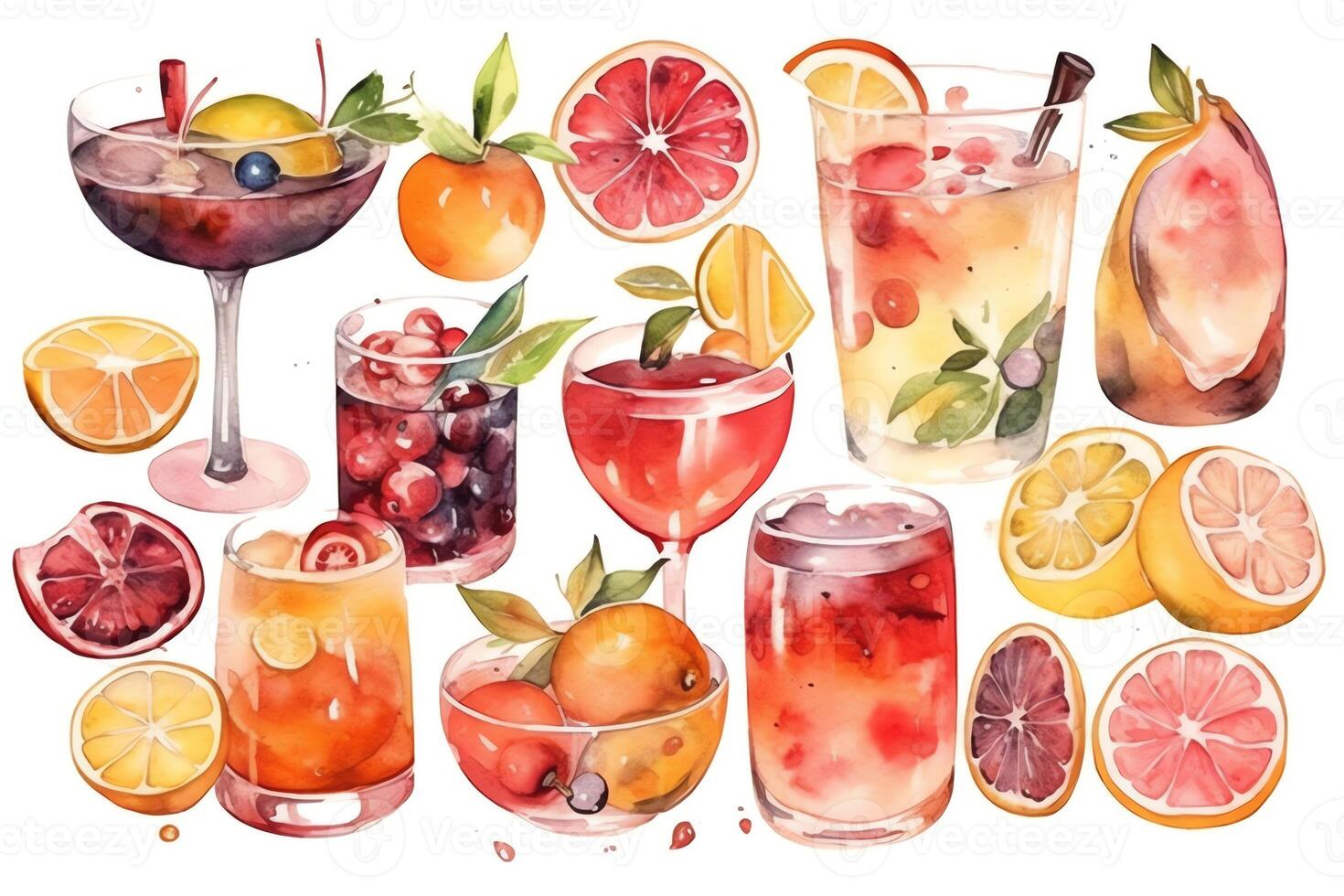 Cocktails und Zutaten Abbildungen anders Cocktails und Essen isoliert auf Weiß Aquarell Clip Art einstellen von Getränke. ai generiert foto