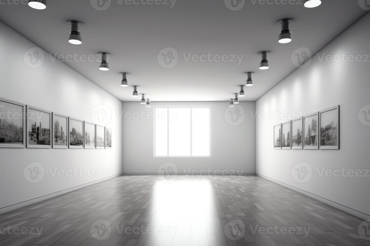 leeren Weiß Zimmer mit Scheinwerfer im das Decke Galerie oder modern Innere Vorlage 3d Illustration. ai generiert foto