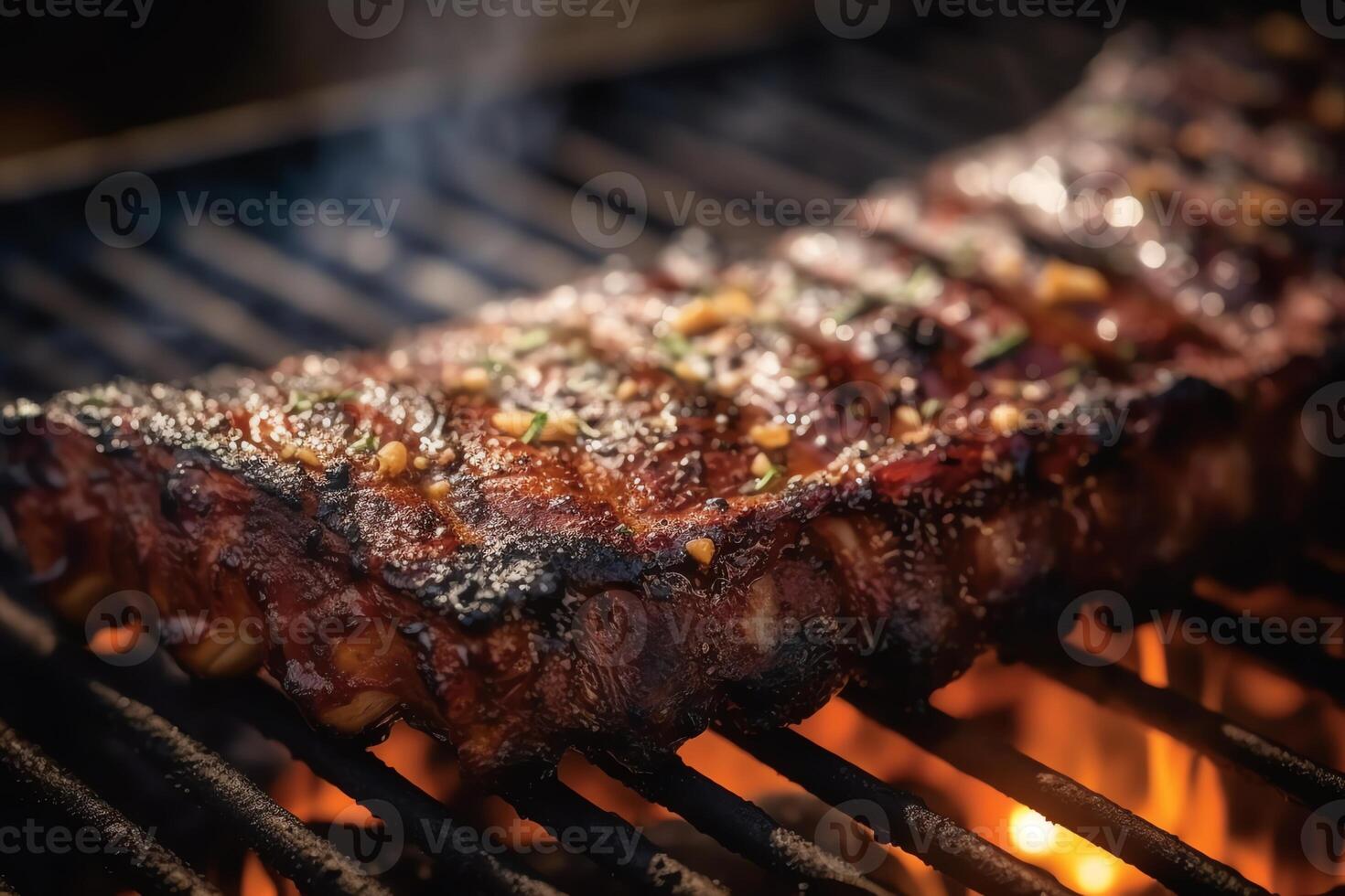 Grill Rippen gegrillt Rippen auf Grill Gitter mit Feuer Nahansicht Aussicht Sommer- Picknick draußen Technologie. ai generiert foto