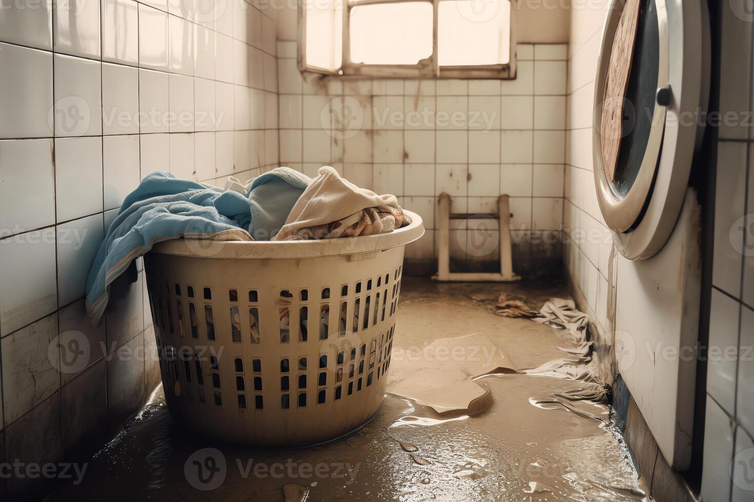 Waschen Maschine im ein alt elend schmutzig baufällig Badezimmer Keller oder Wäsche Zimmer überflutet nach ein Wasser Beschädigung Leck oder natürlich Flut Katastrophe mit Korb und Leinen. ai generiert foto