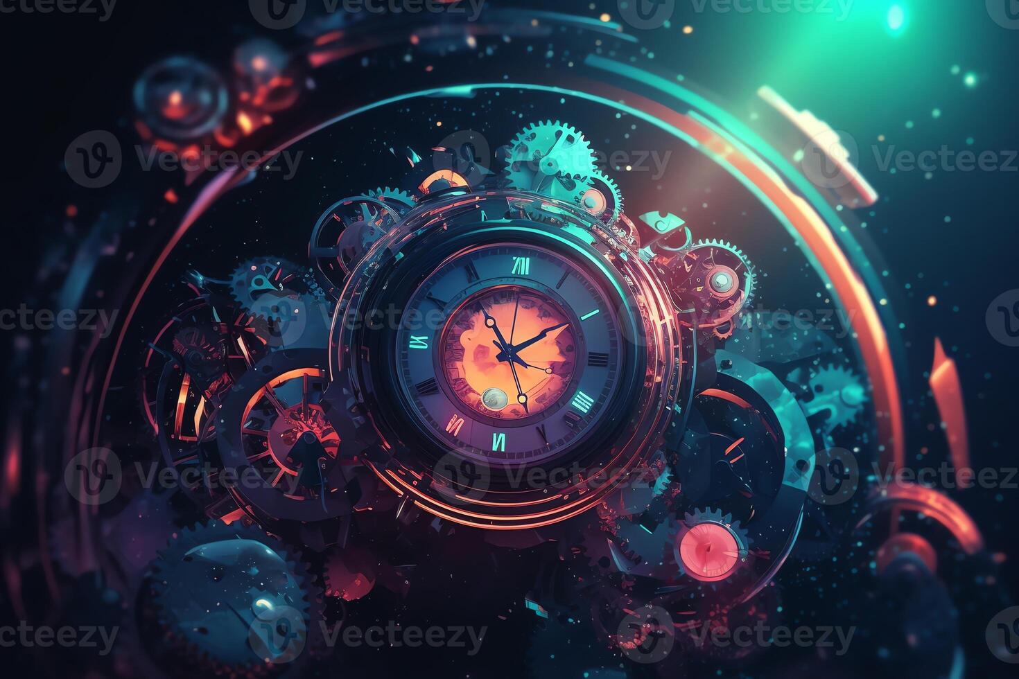 Uhr und Uhr Getriebe im Raum futuristisch abstrakt Hintergrund beschwingt Farben Illustration Zeit und Universum Konzept. ai generiert foto