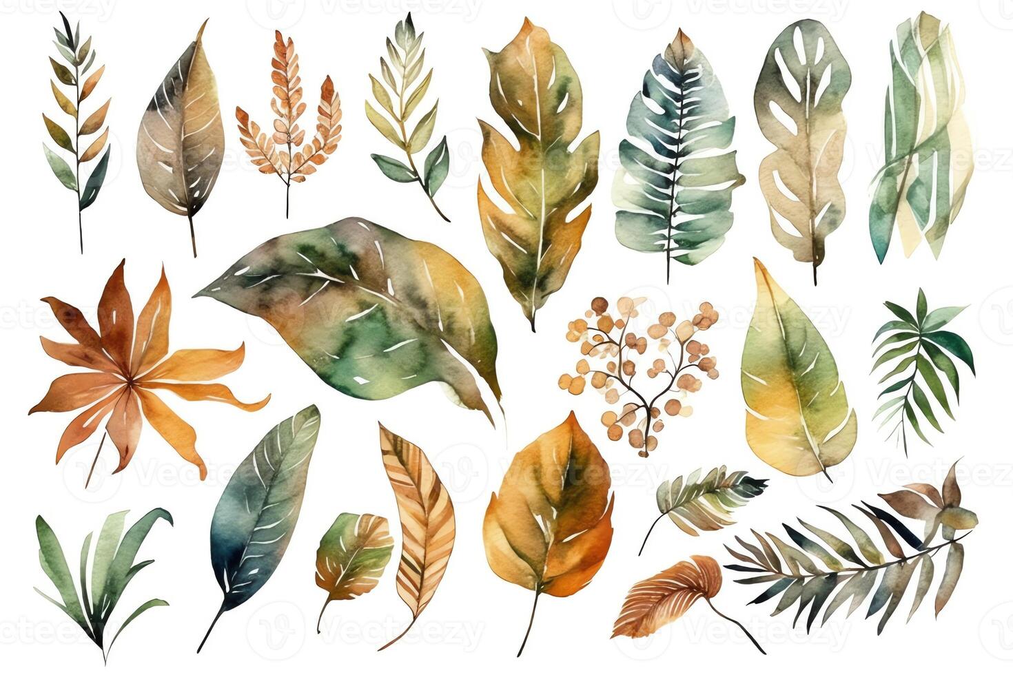 Sammlung von Aquarell wild tropisch Blätter und Blumen Urwald Pflanze Blätter isoliert auf Weiß Hintergrund Aquarell botanisch Illustration. ai generiert foto