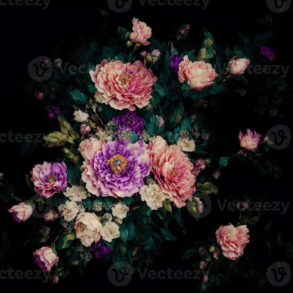 Mehrfarbig Strauß von Blumen auf ein schwarz Hintergrund, mehrfarbig Blumen Hintergrund, generativ ai foto