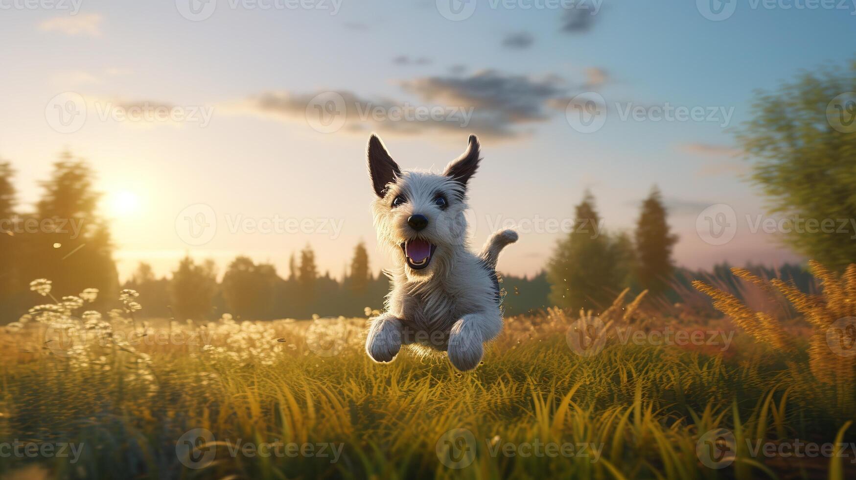 ein glücklich Hund springen mit Freude über das sonnendurchflutet Feld. generativ ai foto