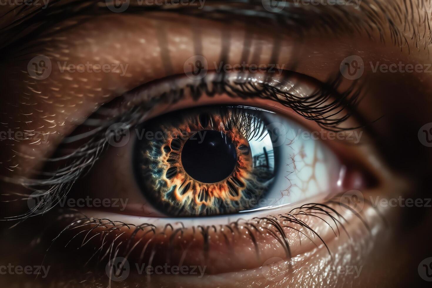 Nahansicht Foto von Mensch Auge erfasst das kompliziert Einzelheiten Mensch Gesicht Scharf Fokus und hoch Niveau von Detail Augen Struktur. ai generiert