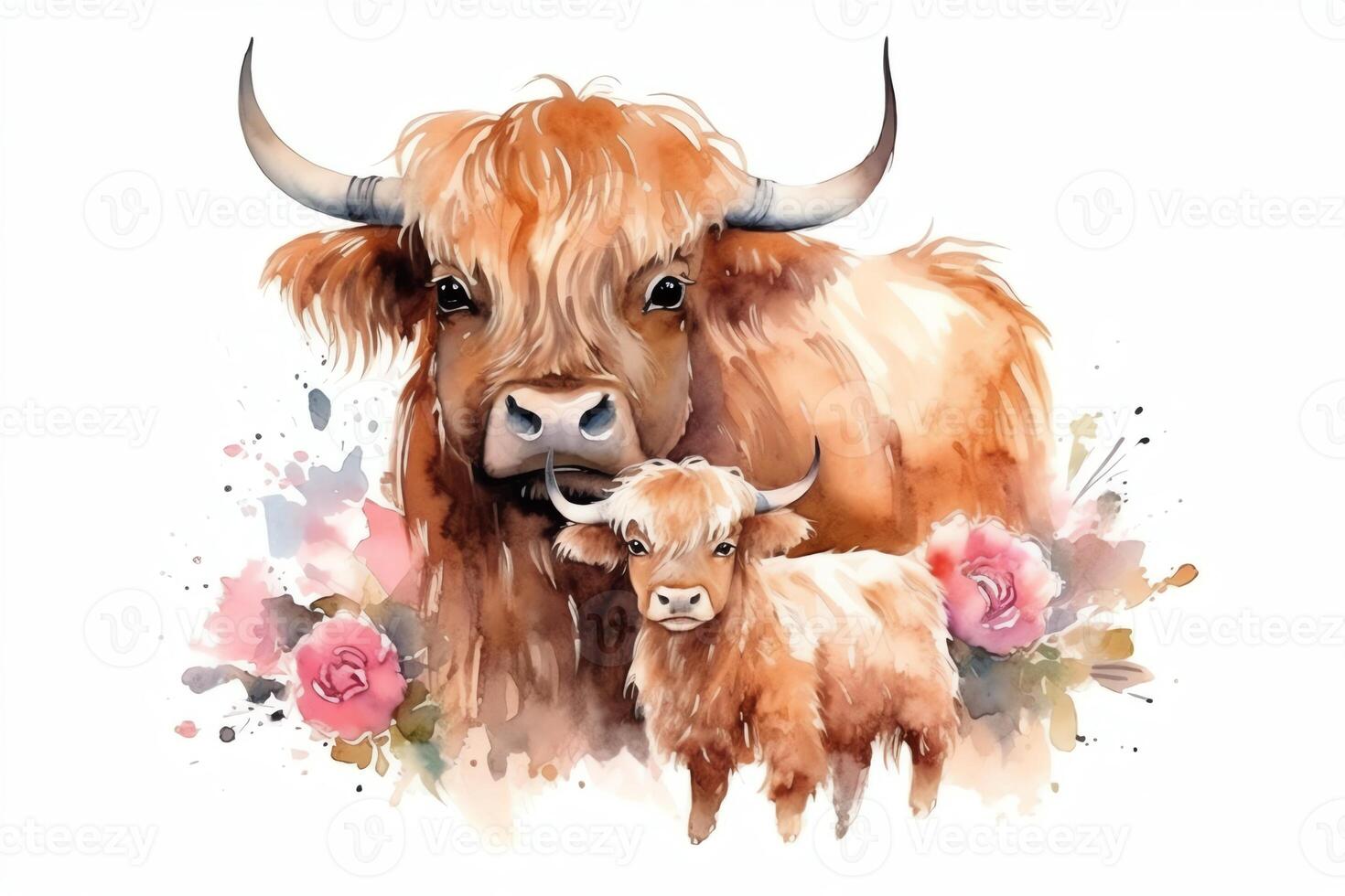 Aquarell Mama und Baby Yak Baby Dusche drucken auf Nachfrage Rose Strauß Yak Digital Datei Ausschnitt Pfad isoliert auf Weiß Hintergrund. ai generiert foto