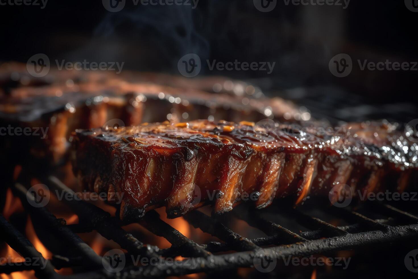 Grill Rippen gegrillt Rippen auf Grill Gitter mit Feuer Nahansicht Aussicht Sommer- Picknick draußen Technologie. ai generiert foto