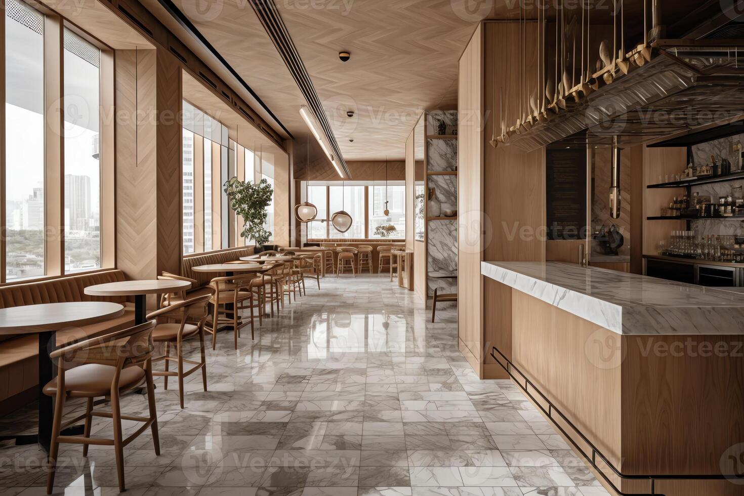 Innere von zeitgenössisch Cafe mit doppelt Decke Höhe Eigenschaften Licht Holz und Marmor Fliese Bodenbelag ein Luxus Design Hotels Empfangshalle Bar mit ein zweite Teilt eben. ai generiert foto