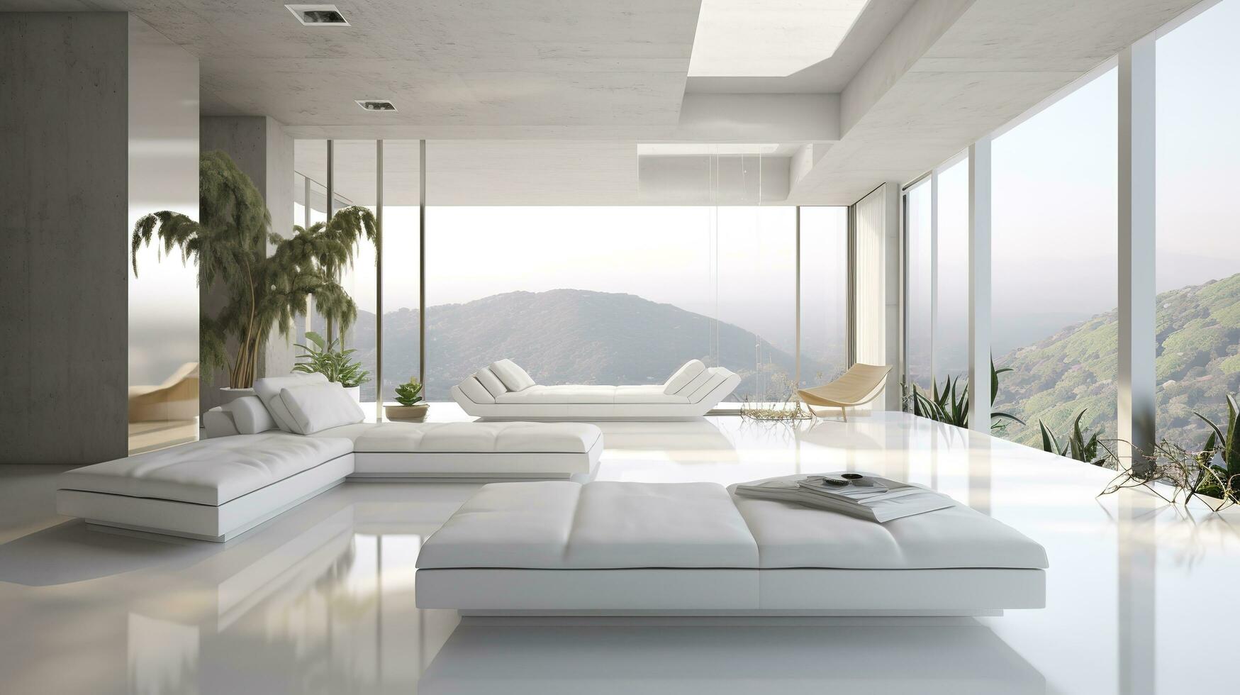 ein futuristisch Weiß minimal Innere von ein Leben Zimmer, luxuriös Innere, extra groß Sofa Design, tropisch Pflanzen, Aussicht mit Blick auf das natürlich Landschaft, und modern Schwimmen Schwimmbad, generieren ai foto