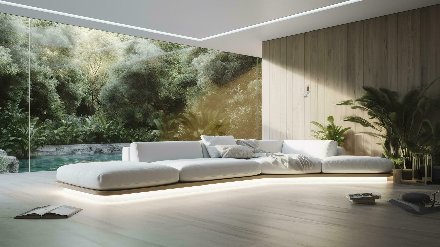 ein futuristisch Weiß minimal Innere von ein Leben Zimmer, luxuriös Innere, extra groß Sofa Design, tropisch Pflanzen, Aussicht mit Blick auf das natürlich Landschaft, und modern Schwimmen Schwimmbad, generieren ai foto