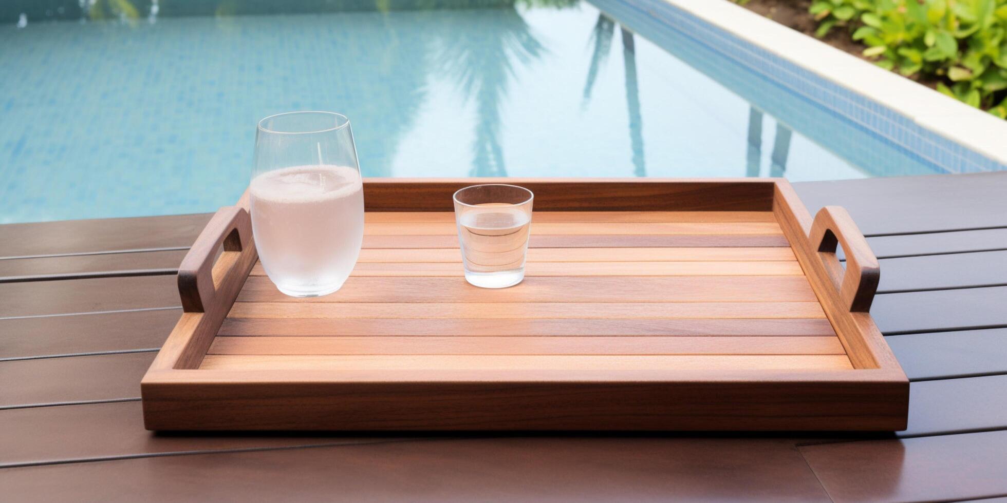 ein hölzern Tablett auf ein hölzern Deck Nächster zu Schwimmen Schwimmbad ai generiert foto