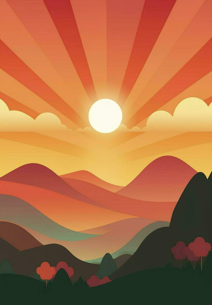 Jahrgang Sonne retro Hintergrund. modisch mit hell Farben perfekt zum Poster, Hintergrund, Banner und Hintergrund, Sonnenaufgang mit Sonne Balken, generieren ai foto