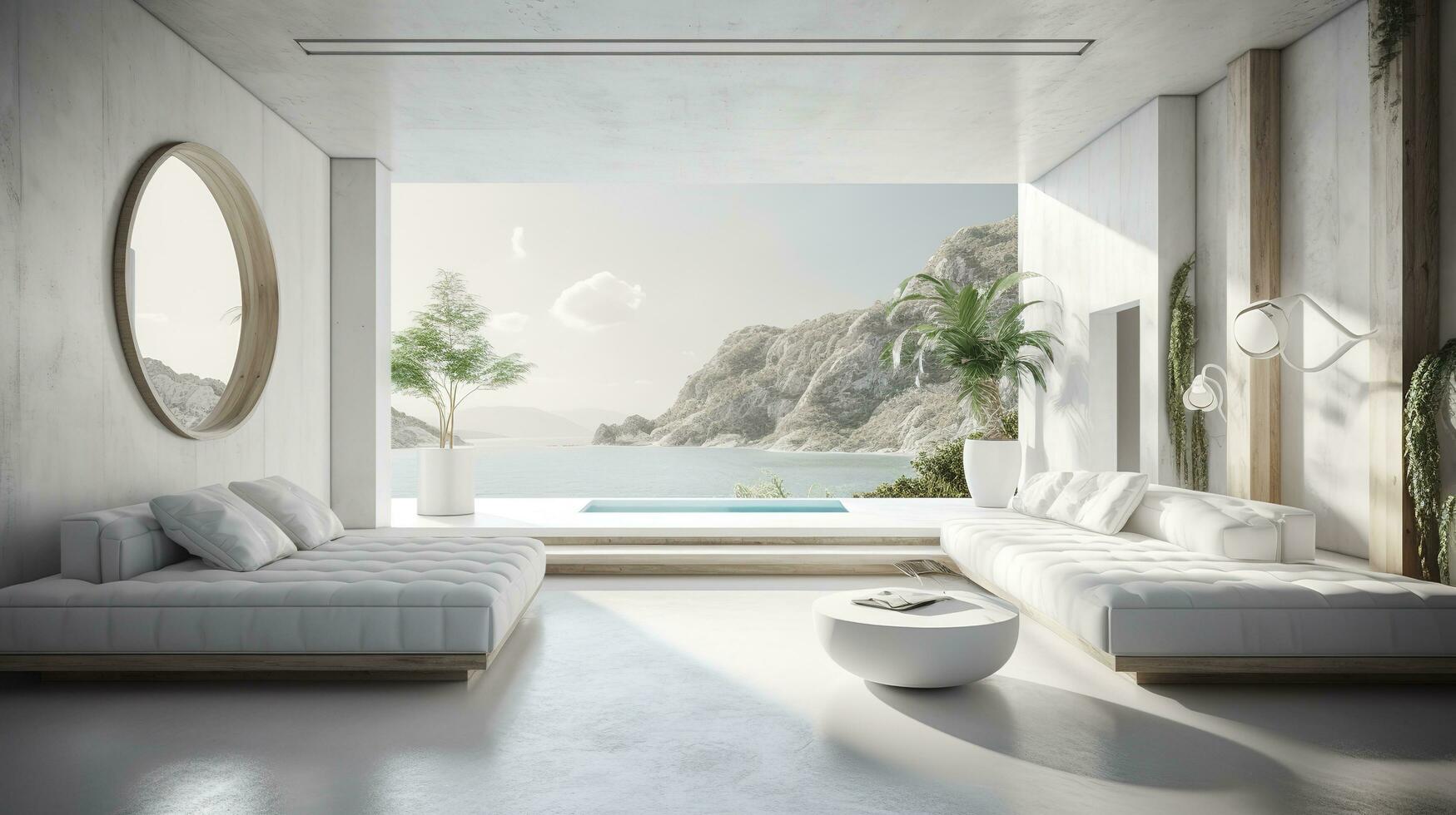 ein futuristisch Weiß minimal Innere von ein Leben Zimmer, luxuriös Innere, extra groß Sofa Design, tropisch Pflanzen, Aussicht mit Blick auf das natürlich Landschaft, und modern Schwimmen Schwimmbad, generieren ai foto