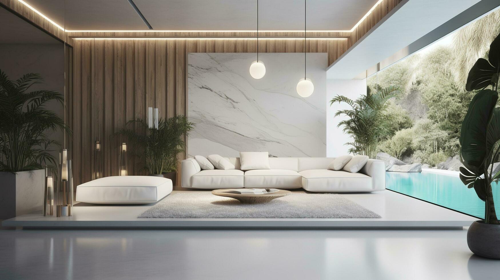 ein futuristisch Weiß minimal Innere von ein Leben Zimmer, luxuriös Innere, extra groß Sofa Design, tropisch Pflanzen, Aussicht mit Blick auf das natürlich Landschaft, und modern Schwimmen Schwimmbad, generieren ai foto