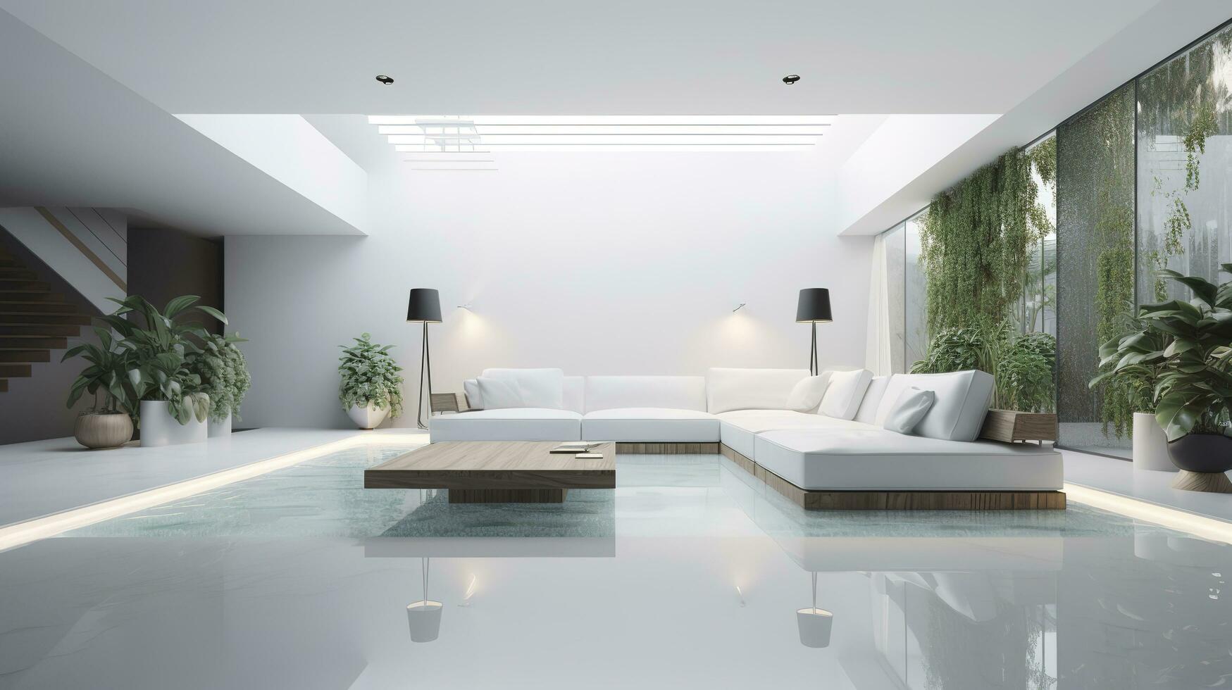 ein futuristisch Weiß minimal Innere von ein Leben Zimmer, luxuriös Innere, extra groß Sofa Design, tropisch Pflanzen, Aussicht mit Blick auf das natürlich Landschaft, und modern Schwimmen Schwimmbad, generieren ai foto