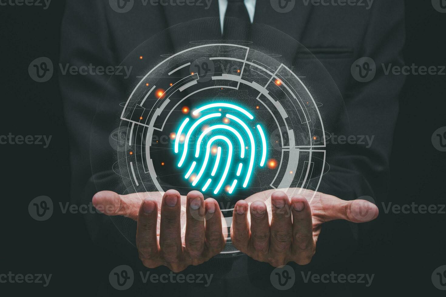 Geschäftsmann Hand mit Fingerabdruck-Identifikation für den Zugriff auf persönliche Finanzdaten, Fingerabdruck-Scan bietet sicheren Zugriff mit biometrischer Identifikation. foto
