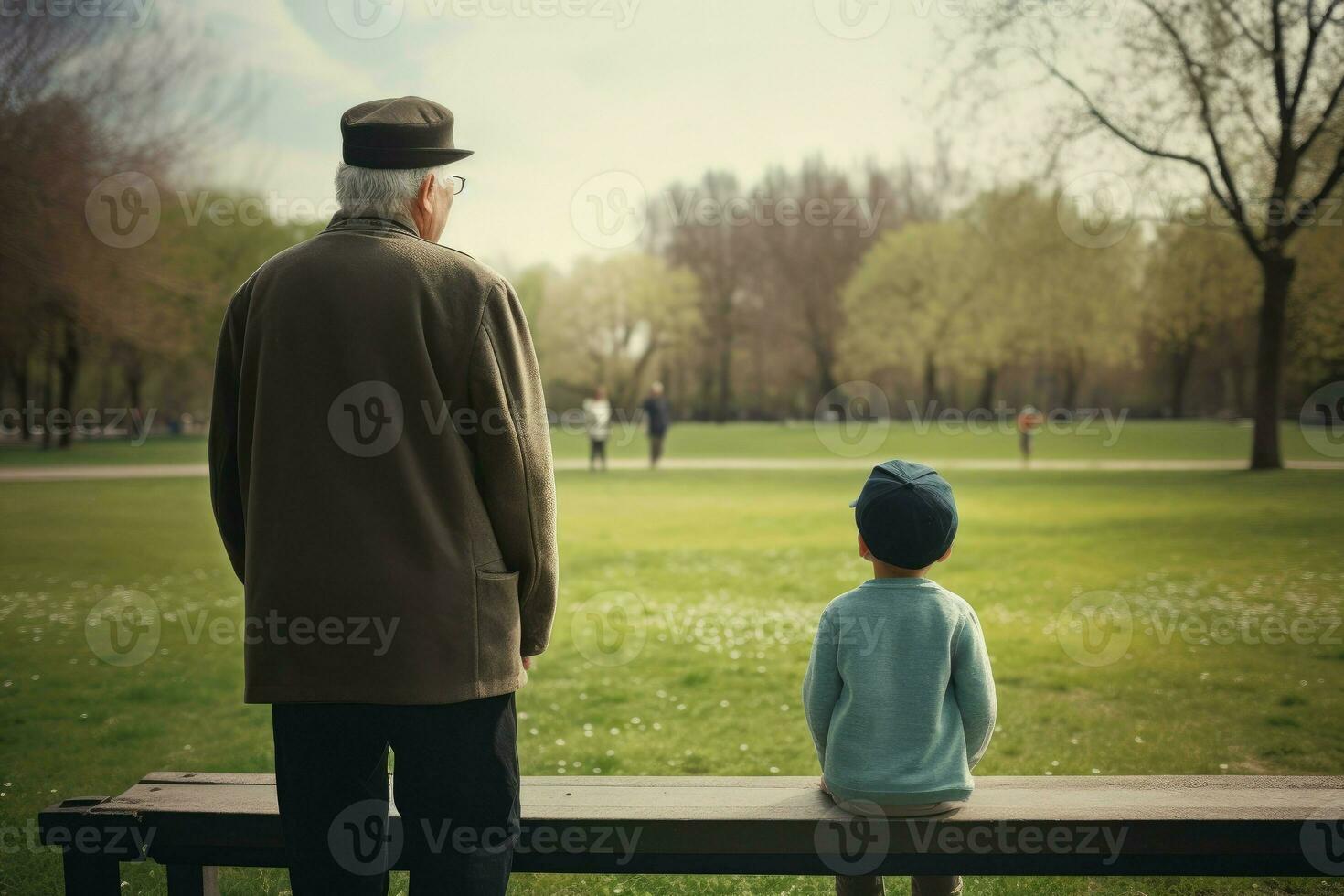 zurück Aussicht Kind Senior im Park Spaß. generieren ai foto