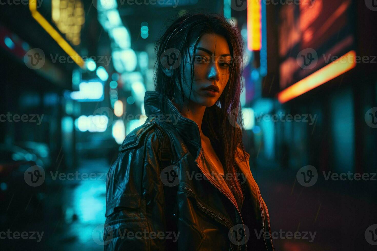 Neon- Cyberpunk Frau Zukunft. generieren ai foto