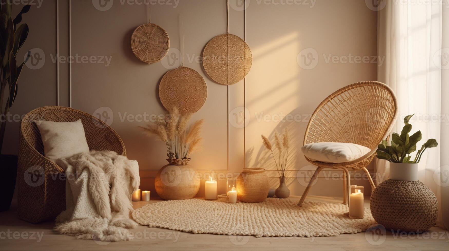 generativ ai, Öko hölzern Zimmer mit Pflanzen mit natürlich Möbel, Boho ethnisch schick Stil Innere Design foto