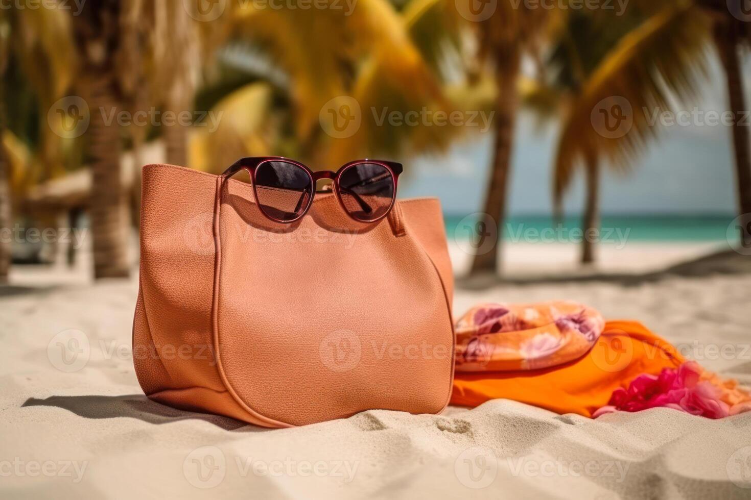 Strand Zubehör Sonnenbrille und Tasche Sommer- Urlaub durch das Meer generativ ai foto