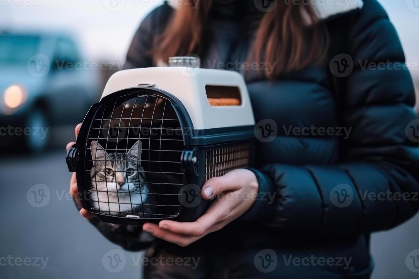 Transport Box mit Katze, Reisen mit ein Haustier generativ ai foto