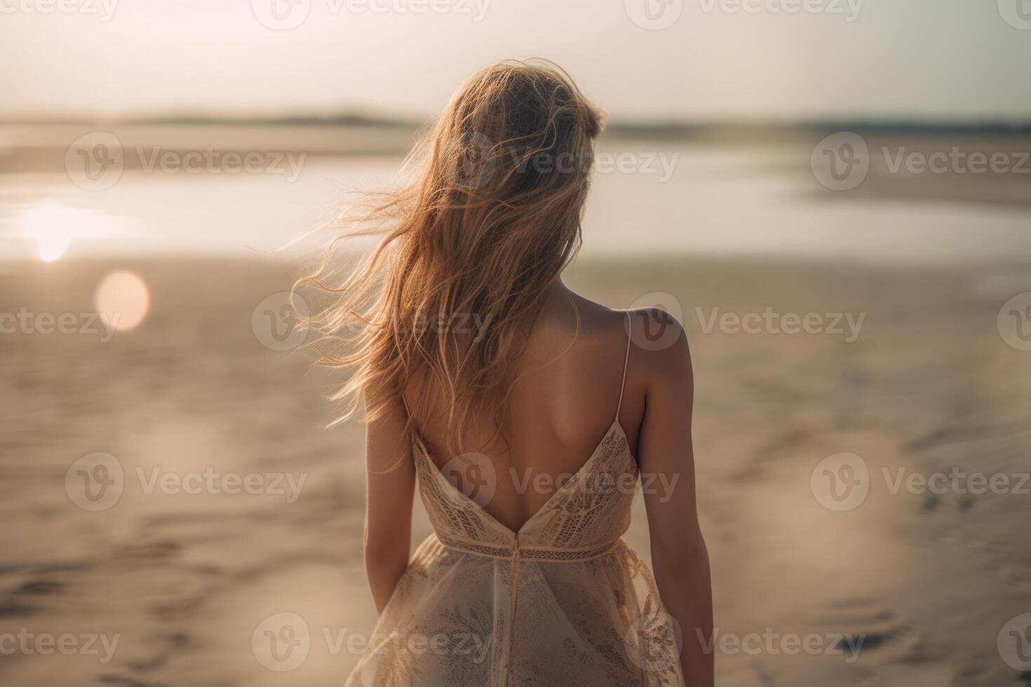 schön Mädchen im ein Kleid Spaziergänge entlang das sandig Strand zurück Aussicht generativ ai foto