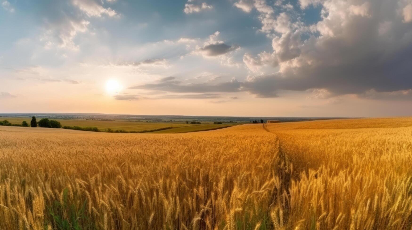 Feld von reif golden Weizen im Strahlen von Sonnenlicht Illustration ai generativ foto