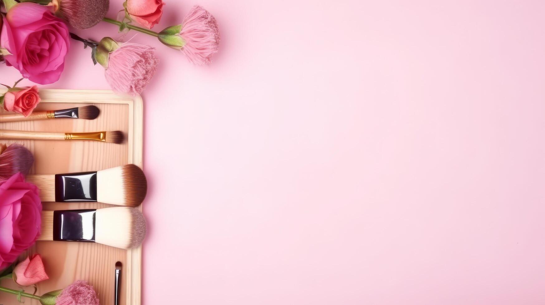 Rosa Hintergrund mit kosmetisch Produkte. Illustration ai generativ foto