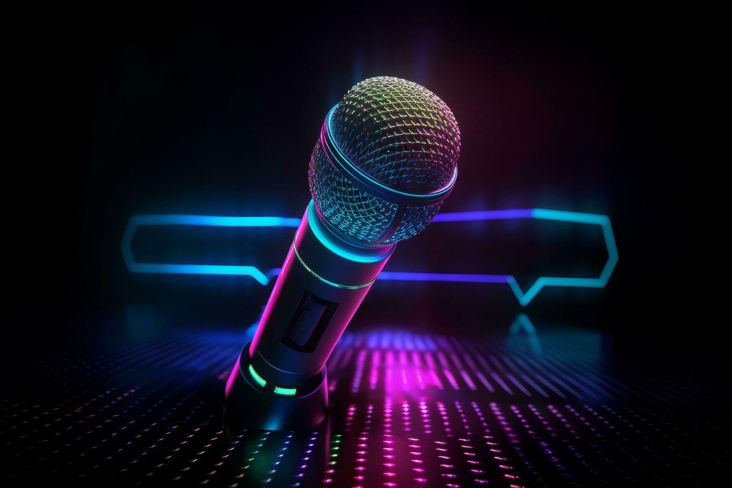 Neon- schwarz Mikrofon Hintergrund. Illustration ai generativ foto