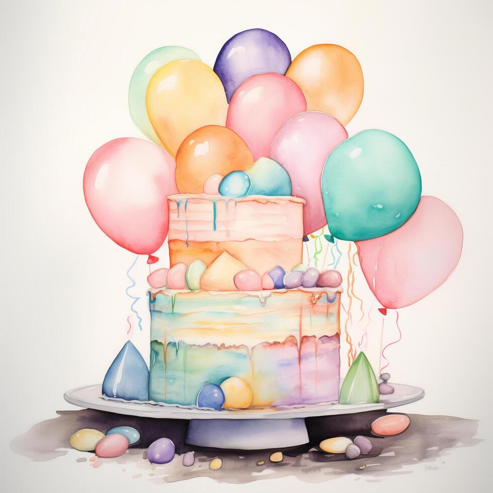 Aquarell Geburtstag Kuchen. Illustration ai generativ foto