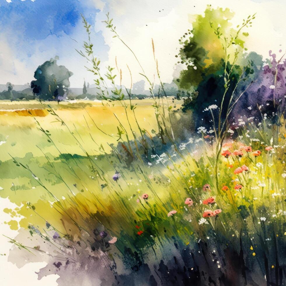 Aquarell Sommer- Wiese. Illustration ai generativ foto