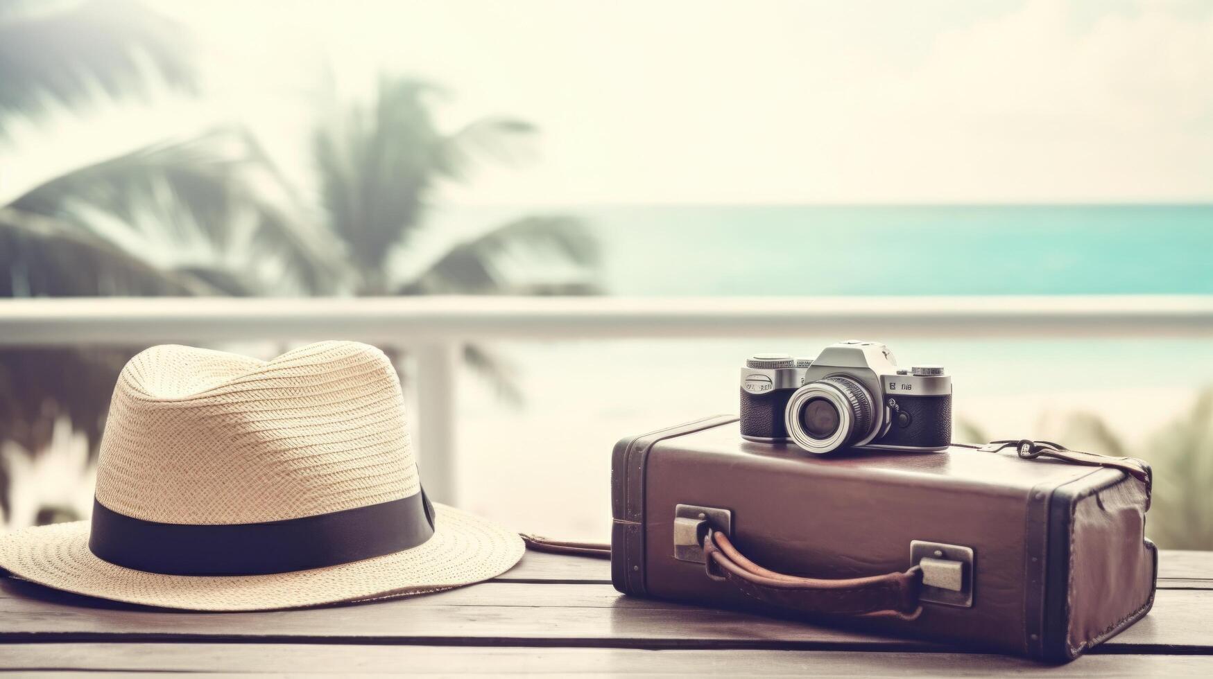 Jahrgang Kamera und Hut auf Sommer- Hintergrund. Illustration ai generativ foto
