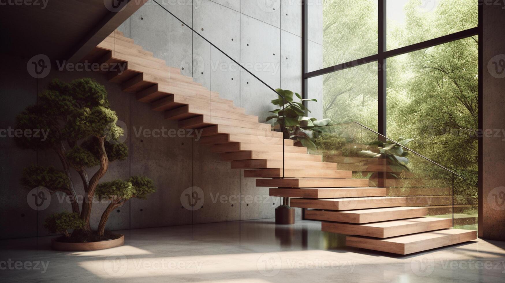 modern gestalten hölzern Ausleger Treppe mit temperiert Glas Tafeln, tropisch Baum im Topf, Sonnenlicht von Fenster. ai generiert foto