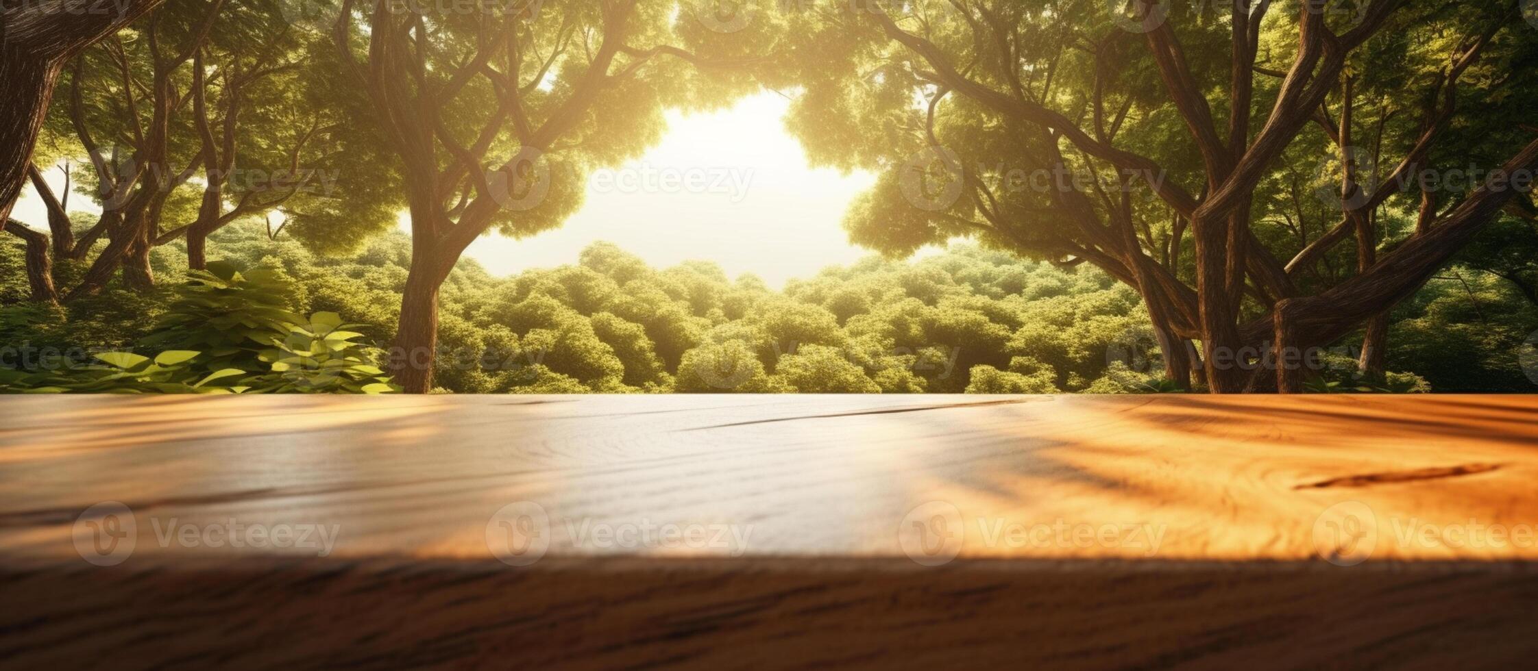 leeren hölzern Tabelle mit tropisch Blätter im das Sonne mit Bäume im das Hintergrund. generativ ai foto