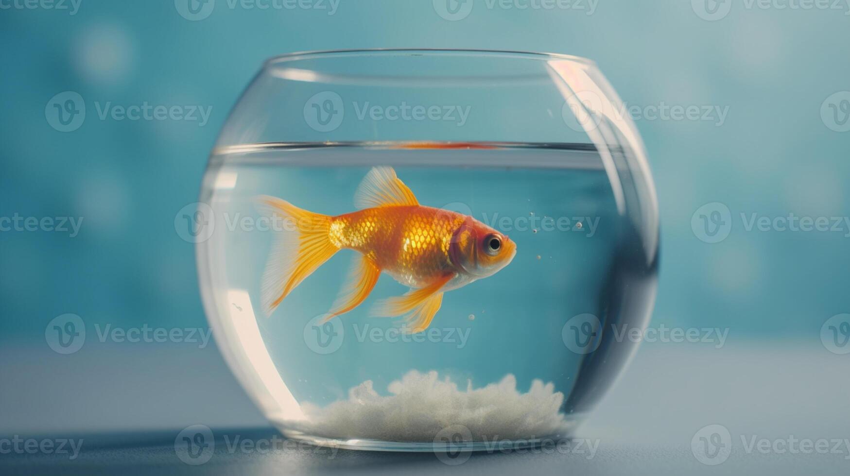 Goldfisch im runden Glas Aquarium im Sonnenlicht auf Tisch. ai generiert foto