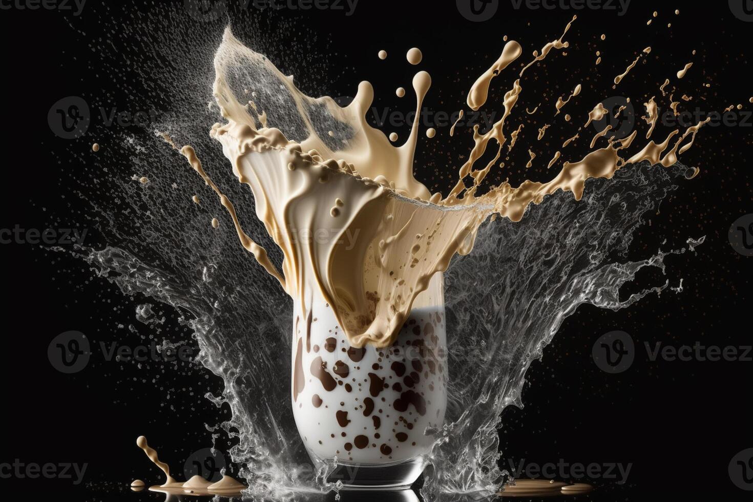 Milch Spritzen im Tasse, Schaum tropft auf schwarz Tisch. generativ ai foto