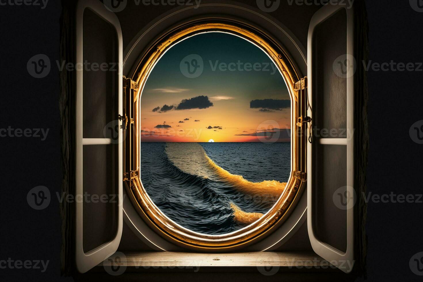 Aussicht von ein dunkel Zimmer beim Meer während Sonnenuntergang durch ein öffnen Fenster ai generiert foto