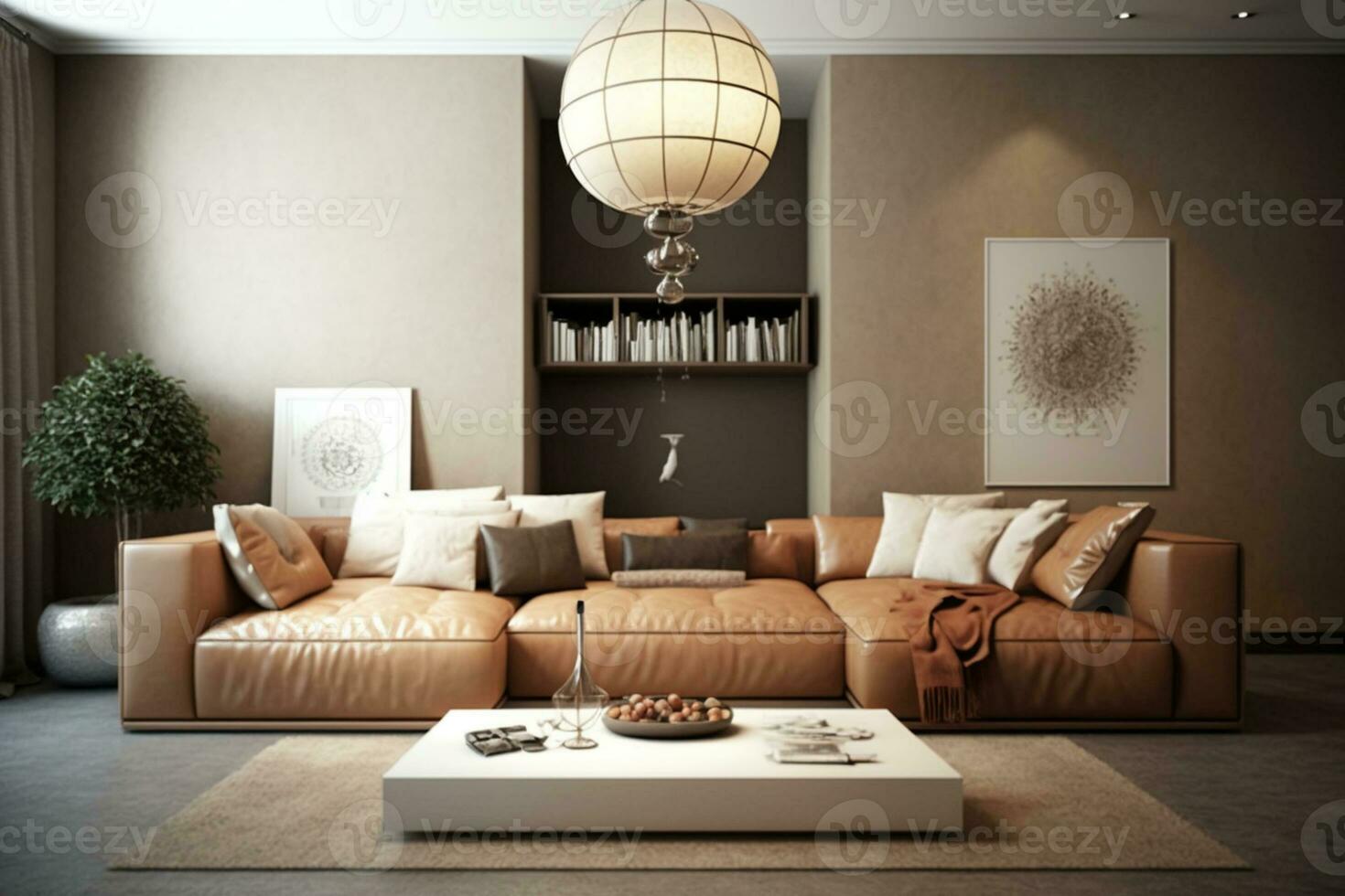 modern Stil Innere Design. Leder Beige Sofa ai generiert foto