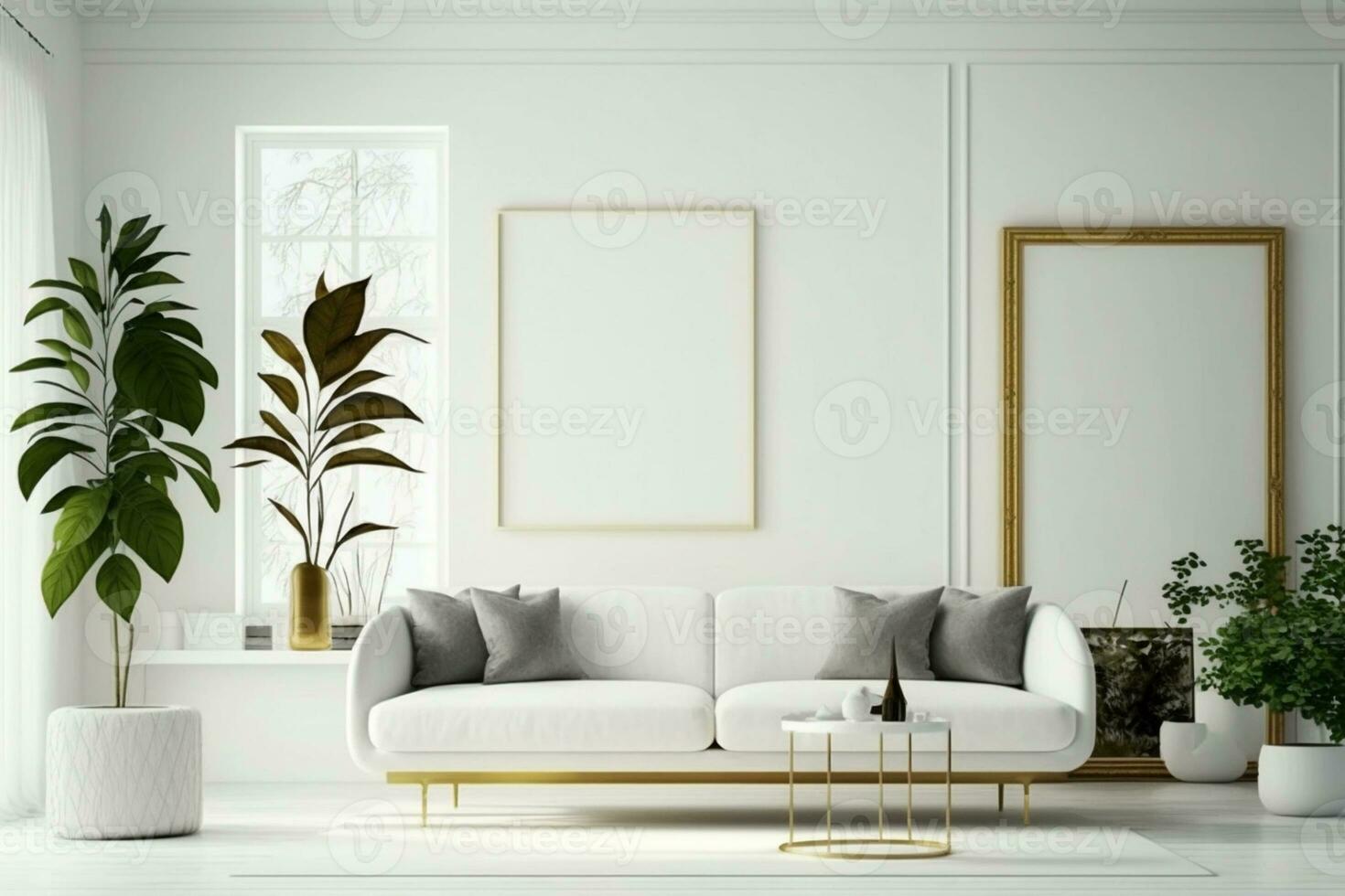 spotten oben Innere zum minimal Leben Zimmer Design auf Weiß Hintergrund, Zuhause Dekor ai generiert foto