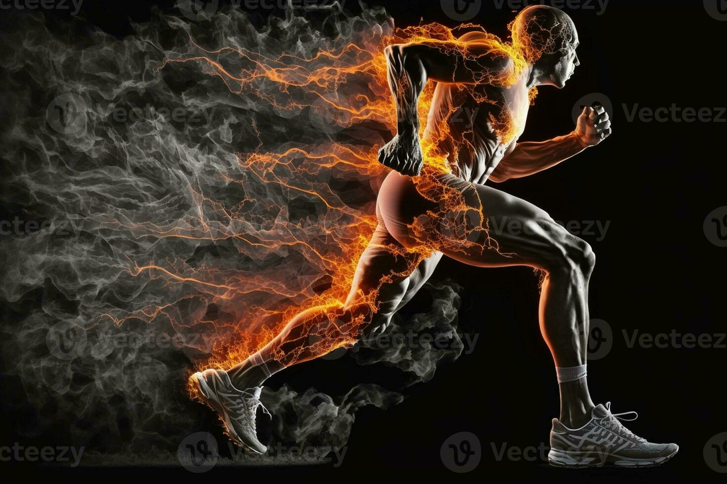 Sport. Läufer. Seite Aussicht von ein Jogger Beine mit das Leistung im das Venen isoliert auf schwarz. Feuer und Energie ai generiert foto