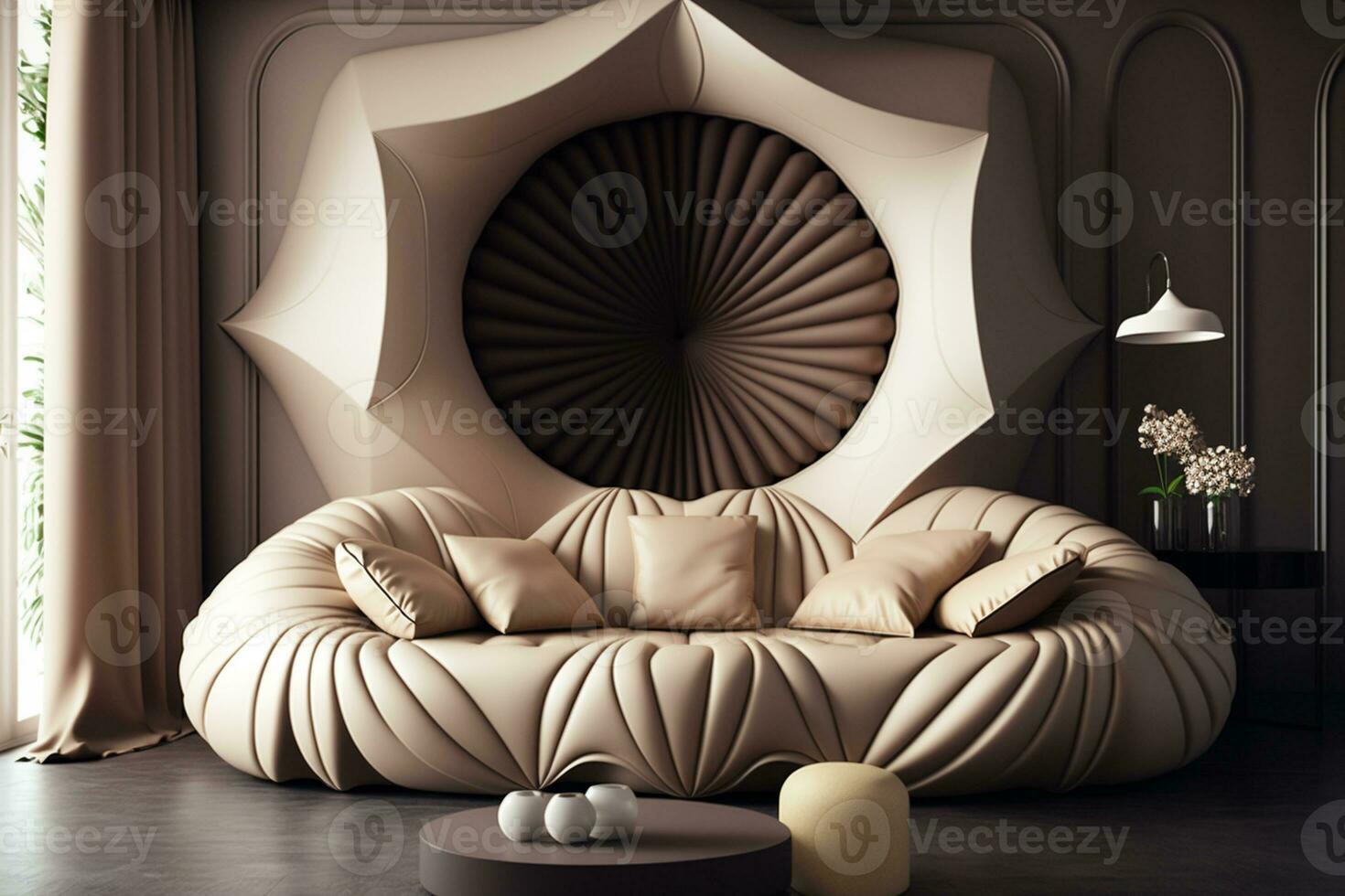 modern Stil Innere Design. Leder Beige Sofa ai generiert foto