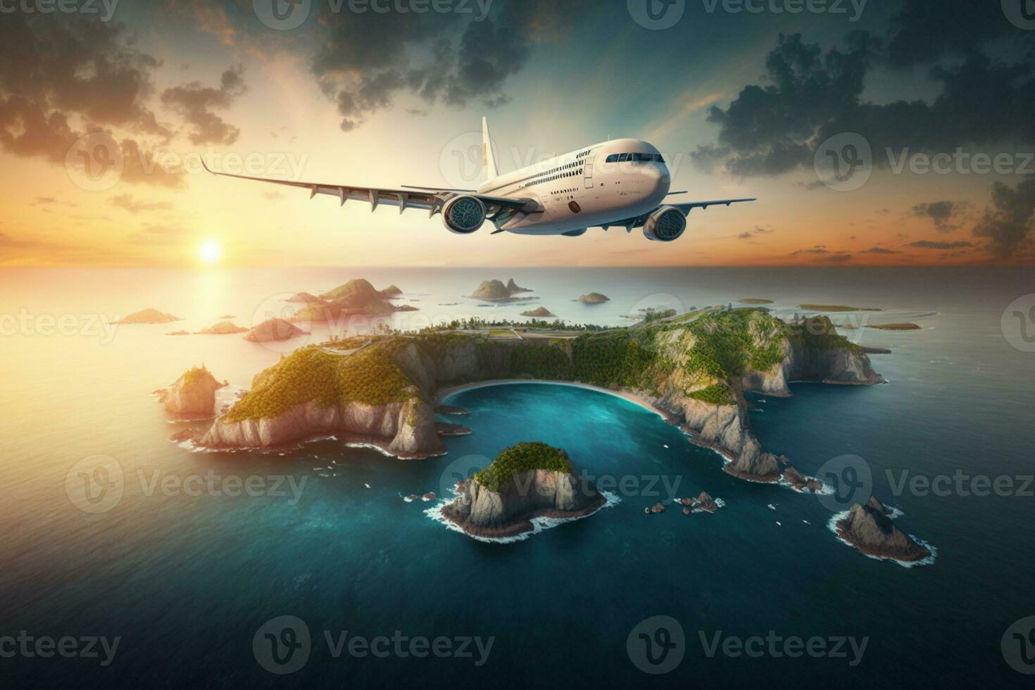 Flugzeug ist fliegend Über Inseln und Meer beim Sonnenaufgang im Sommer. Landschaft mit Weiß Passagier Flugzeug ai generiert foto