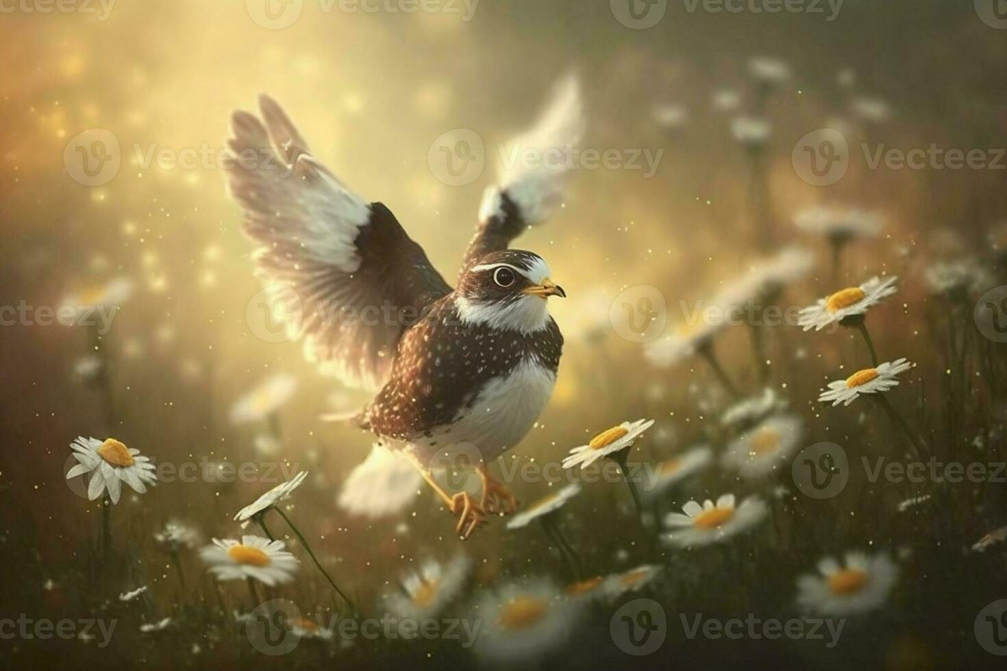 schön wenig Vogel Gelb fliegt Über ein Feld von Weiß Gänseblümchen Blumen ai generiert foto