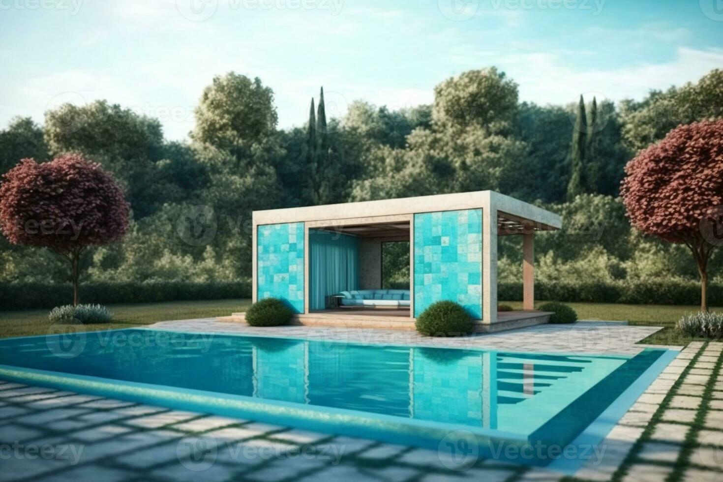 einfach modern Design von ein Terrasse Schwimmen Schwimmbad im das Unendlichkeit Stil ai generiert foto