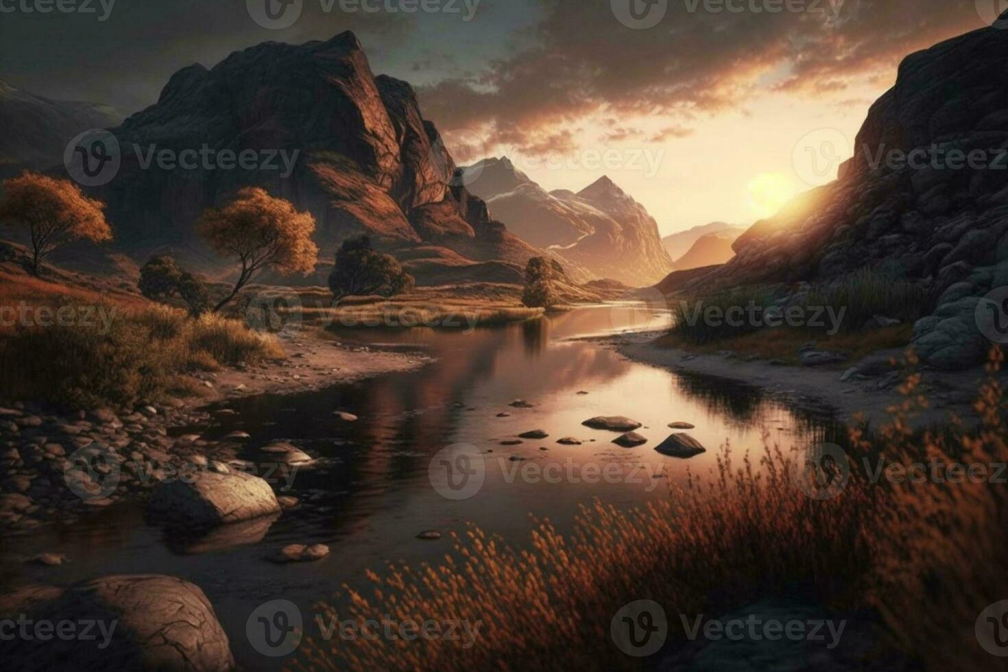Landschaft von das Fluss beim das Berg im Sonnenuntergang ai generiert foto
