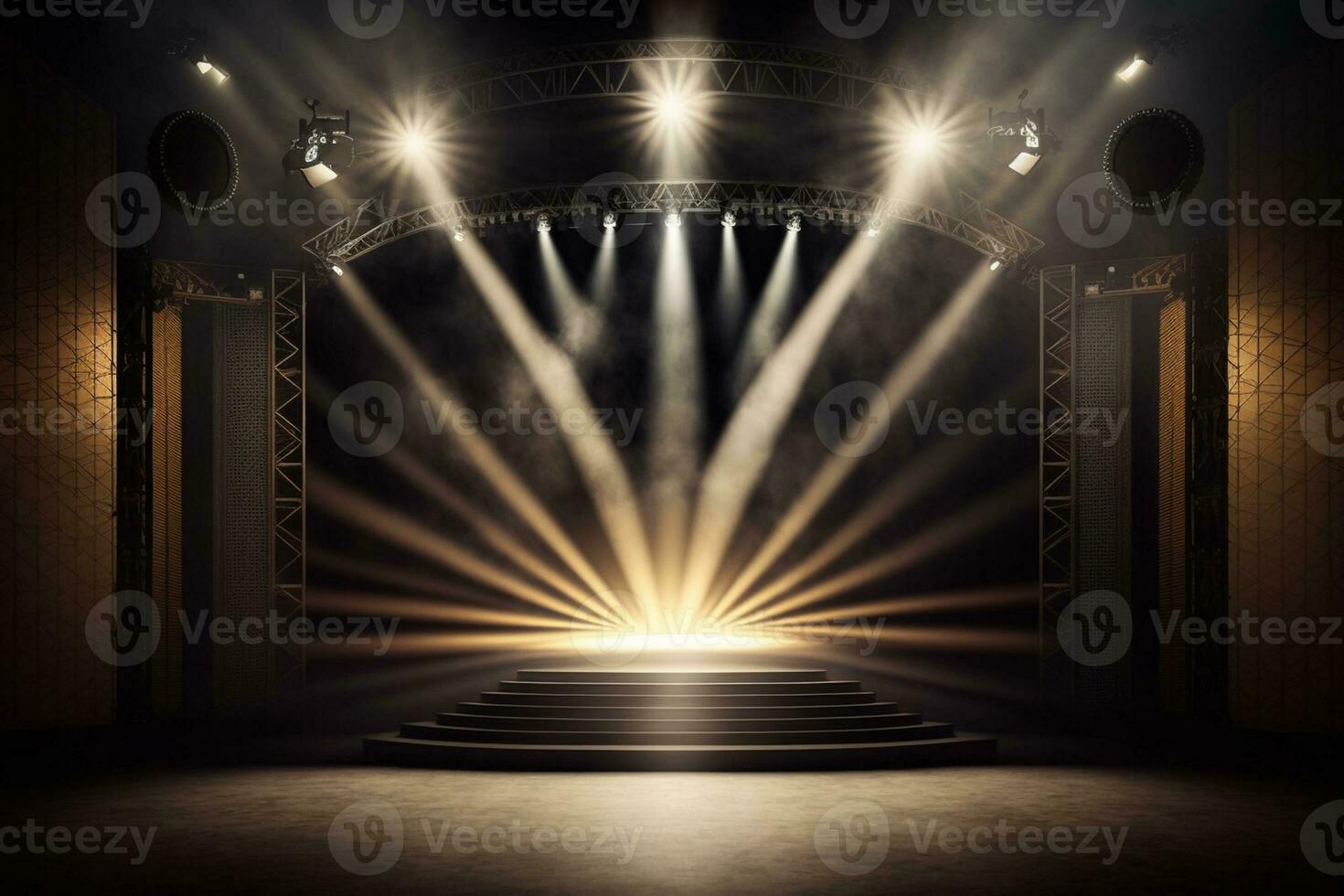 leeren Bühne mit Beleuchtung Ausrüstung auf ein Bühne Scheinwerfer scheint auf das Bühne ai generiert foto