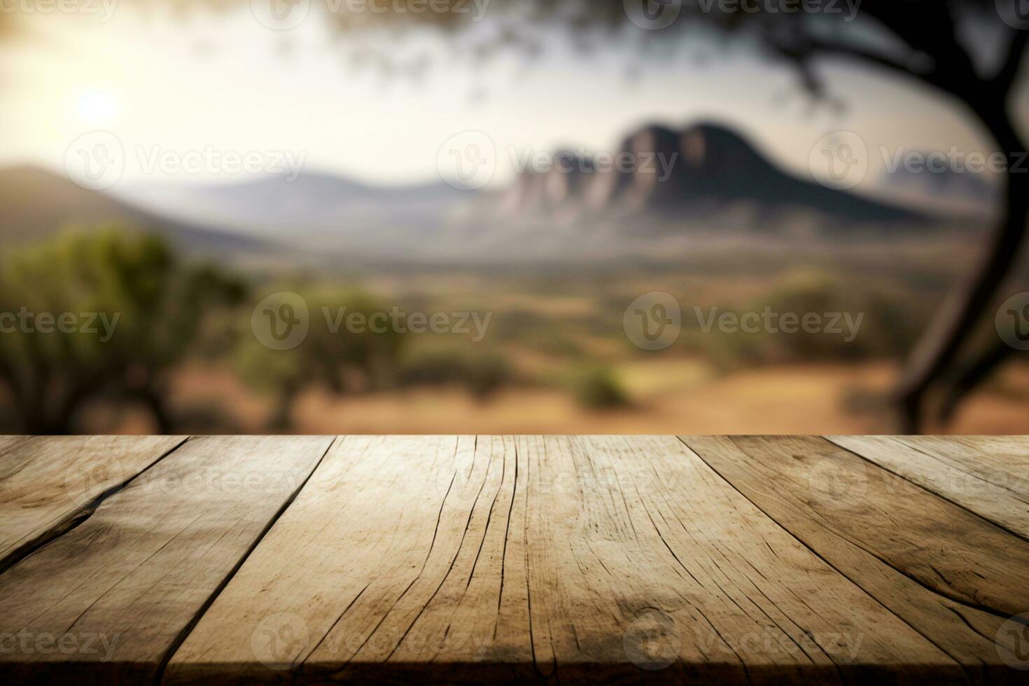 leeren Licht Holz Tabelle oben mit Landschaft verschwommen Hintergrund ai generiert foto