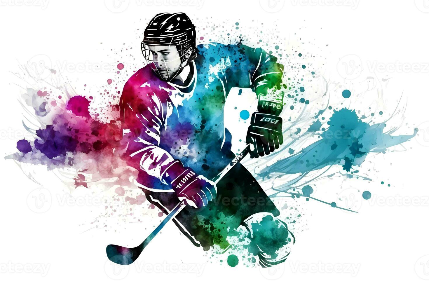 Sportler spielen Eishockey auf Aquarell Regenbogen Spritzen. neural Netzwerk generiert Kunst foto